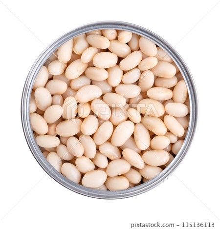 White kidney beans in an opened can. Cooked and canned cannellini beans, a variety of the common bean, Phaseolus vulgaris, a vegetarian staple food. Isolated, from above, close-up, macro food photo. 115136113