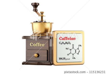 Coffee Grinder and caffeine Icon with chemical formula, molecular structure. 3D rendering Coffee Grinder and caffeine Icon with chemical formula, molecular structure. 3D rendering 115136231