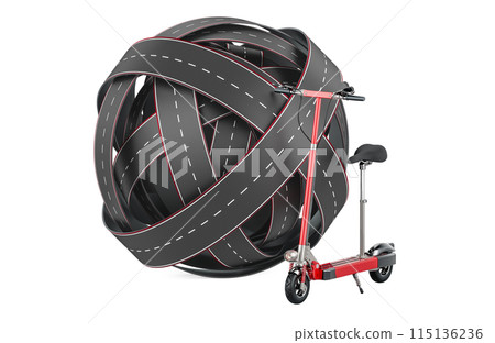 Electric kick scooter with tangled ball of roads. 3D rendering 115136236