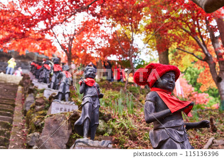 Buddha statue and autumn leaves at Daisenji Temple in Isehara, Kanagawa Prefecture 115136396