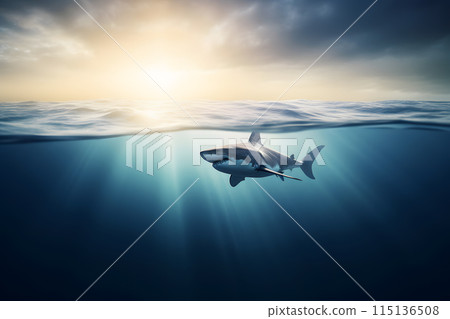 Great white Shark posing in the deep blue water. Neural network AI generated art 115136508