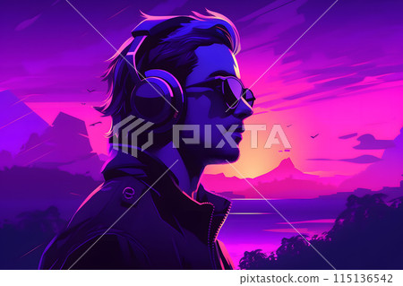 Man in virtual reality glasses in neon synthwave style. Neural network AI generated art 115136542