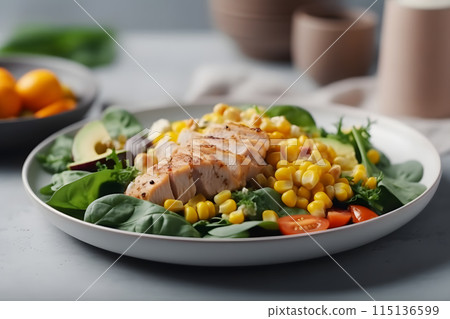 fresh vegetable salad with chicken. Neural network AI generated art fresh vegetable salad with chicken. Neural network AI generated art 115136599