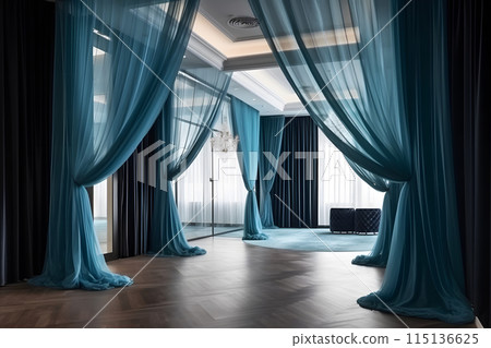 Wedding hall with luxurious blue curtains. Neural network AI generated art 115136625