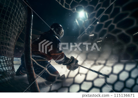 ice hockey goalkeeper player on goal in action. Neural network AI generated art ice hockey goalkeeper player on goal in action. Neural network AI generated art 115136671