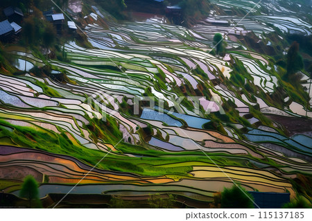 Rice fields on terraced of Mu Cang Chai, YenBai, Vietnam. Rice fields prepare the harvest at Northwest Vietnam.Vietnam landscapes. Neural network AI generated art Rice fields on terraced of Mu Cang Chai, YenBai, Vietnam. Rice fields prepare the harvest at Northwest Vietnam.Vietnam landscapes. Neural network AI generated art 115137185