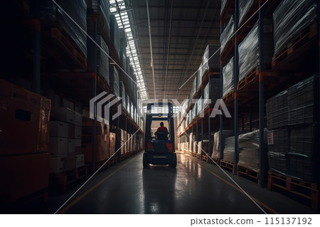 Warehouse man worker with forklift. Neural network AI generated art 115137192