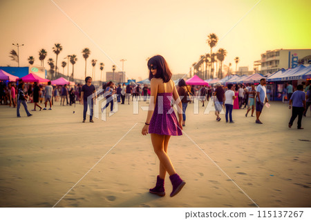 Fashionable groovy stylish girl on roller skates near the beach. Neural network AI generated art 115137267