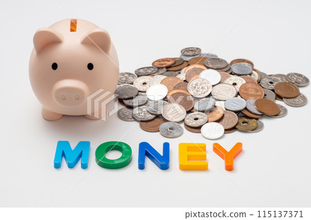 Pig piggy bank, coins and the word money 115137371
