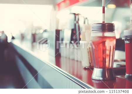 Old Fashioned Red Bar Stools In American Burger Retro Diner Restaurant. Interior Of Bar Is In Traditional American Style. Neural network AI generated art Old Fashioned Red Bar Stools In American Burger Retro Diner Restaurant. Interior Of Bar Is In Traditional American Style. Neural network AI generated art 115137408