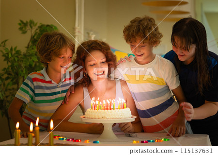 Child birthday party cake. Family with kids. Child birthday party cake. Family with kids. 115137631
