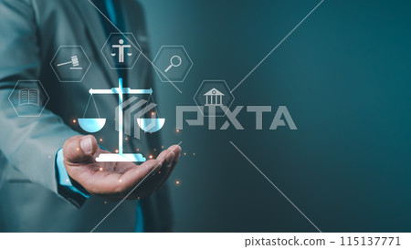 Businessman holding virtual global law icons on  for business legal advice, Labor law, Lawyer, Attorney at law, Legal advice business concept, Lawyer icon, Lawyer man, Lawyer background. 115137771