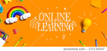 Online Learning theme with school supplies - flat lay Online Learning theme with school supplies - flat lay 115138597