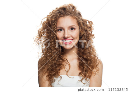 Lovely woman face. Young model with healthy skin, long hair and makeup on white background Lovely woman face. Young model with healthy skin, long hair and makeup on white background 115138845