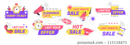 Last time offer badges with alarm clock icon, countdown and promo megaphone Last time offer badges with alarm clock icon, countdown and promo megaphone 115138873