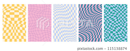Psychedelic checkerboard posters with seamless geometric distorted pattern with warped grid tile 115138874