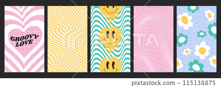 Psychedelic checkerboards or warp checkered seamless patterns with groovy flowers, heart, smile faces 115138875