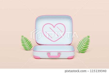 summer travel with open empty suitcase, leaf isolated on pink background. 3d illustration render summer travel with open empty suitcase, leaf isolated on pink background. 3d illustration render 115139340