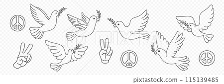 Vector Symbols of Peace - Hand Gesture, Dove, Olive Branch Design Template Set. Pacifist Icons, Vector Illustration 115139485