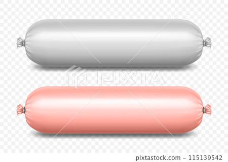 Vector 3d Realistic Blank Polyethylene Sausage Packaging. Design Template for Mockup, Closeup, Isolated, Front View Vector 3d Realistic Blank Polyethylene Sausage Packaging. Design Template for Mockup, Closeup, Isolated, Front View 115139542