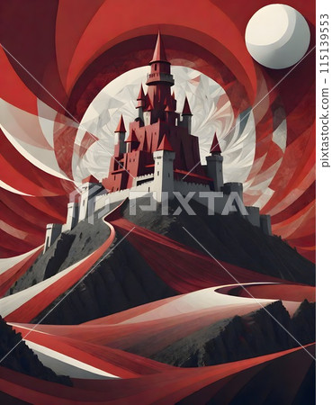 Dark, red and white castle with red flags atop a rocky mountain, surrounded by a dramatic landscape with cloudy skies, Generative AI. 115139553