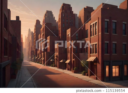 Serene empty urban street scene at sunset with brownstone buildings and warm glowing windows with visible city skyline, Generative AI. 115139554