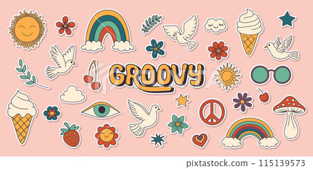 Vector Vintage Groovy Icons, Design Elements for Poster, Sticker Design. Retro Symbol in Hippie 70s Style, Mushroom, Flowers, Eye, Anti-War Peace Symbols. Vector Illustration 115139573