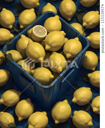 Blue crate filled with fresh yellow lemons, surrounded by other lemons against dark blue background, creating a vibrant contrast with the lemons, Generative AI. 115139574