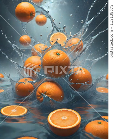 Dynamic scene of oranges and slices of oranges splashing into water, contrasting beautifully with the blue tones of the water, creating a lively and energetic atmosphere, Generative AI. 115139575