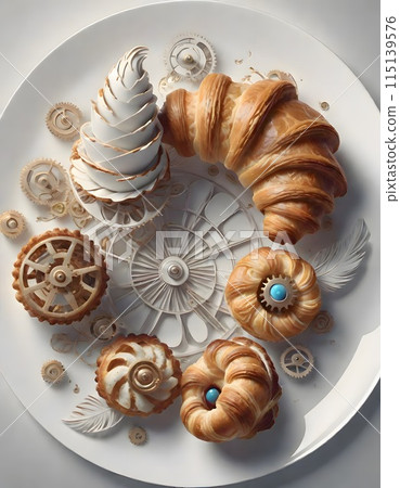 Creative arrangement of pastries and gears on a white plate, including croissants and other baked goods, and the gears are intricately designed, giving a steampunk aesthetic, Generative AI. 115139576