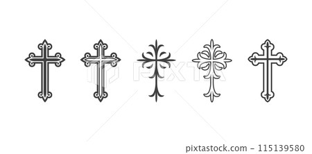 Flat Vector Black Christian Cross Icons Set Isolated on a White Background. Line Silhouette Cut Out Christian Crosses Collection Flat Vector Black Christian Cross Icons Set Isolated on a White Background. Line Silhouette Cut Out Christian Crosses Collection 115139580