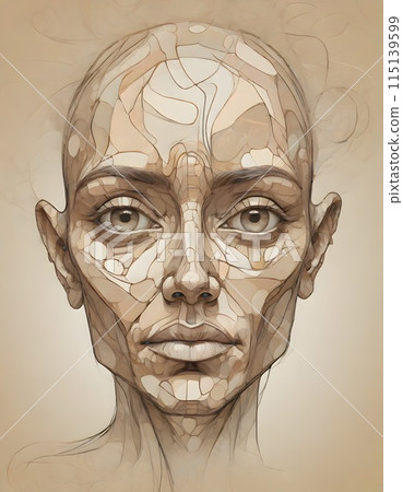 Artistic sketch illustration of a woman face with cracked, textured patterns resembling a dry desert, Generative AI. Artistic sketch illustration of a woman face with cracked, textured patterns resembling a dry desert, Generative AI. 115139599