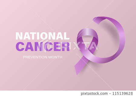 National Cancer Prevention Month, February. Banner, Card, Placard with Realistic 3D Vector Lavender Ribbon on Lavender Background. Cancer Awareness Month Symbol, Closeup. World Cancer Day Concept 115139628