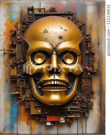 Concentric circular patterns creating a skull with a rustic aesthetic on a textured yellow and black background, evoking a sense of decay and time, Generative AI. 115139632