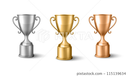 Vector Blank Golden, Silver and Bronze Champion Cup Isolated on White Background. Design Template of Championship Trophy. Sport Tournament Award, Winner Cup and Victory Concept Vector Blank Golden, Silver and Bronze Champion Cup Isolated on White Background. Design Template of Championship Trophy. Sport Tournament Award, Winner Cup and Victory Concept 115139634