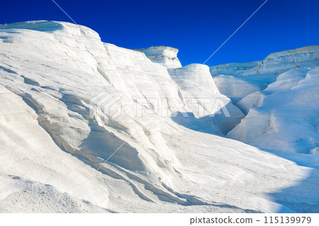 White chalk cliffs in Sarakiniko, Milos island, Cyclades, Greece 115139979