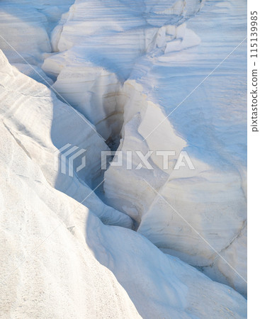 White chalk cliffs in Sarakiniko, Milos island, Cyclades, Greece White chalk cliffs in Sarakiniko, Milos island, Cyclades, Greece 115139985