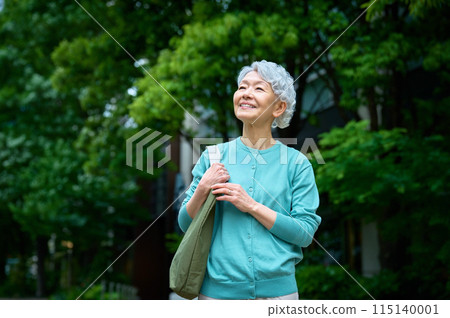 拿著購物袋的快樂的資深婦女 拿著購物袋的快樂的資深婦女 115140001