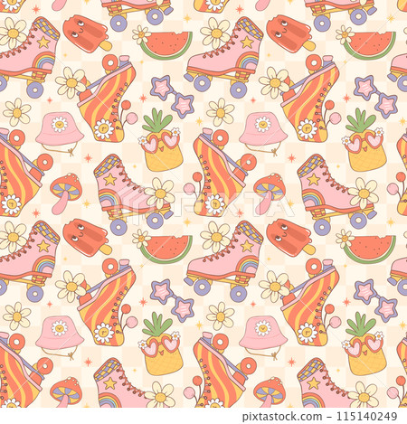 Retro Groovy Summer Roller Skate Seamless Pattern Playful Repeat background Design 115140249