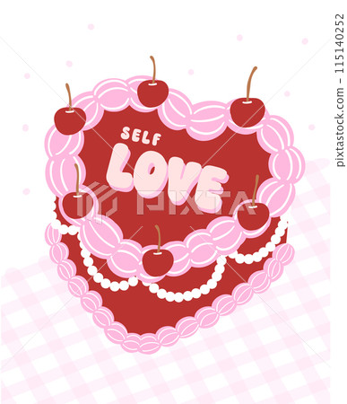 Coquette Retro Self Love Cake Illustration Groovy Coquette Design with cherry and bow. Coquette Retro Self Love Cake Illustration Groovy Coquette Design with cherry and bow. 115140252