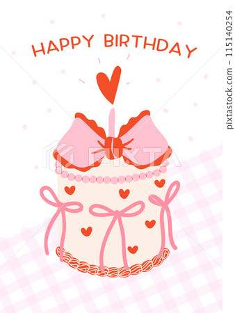 Retro Birthday Cake Illustration Groovy Coquette Design with Pink Bows, Happy birthday card idea. 115140254