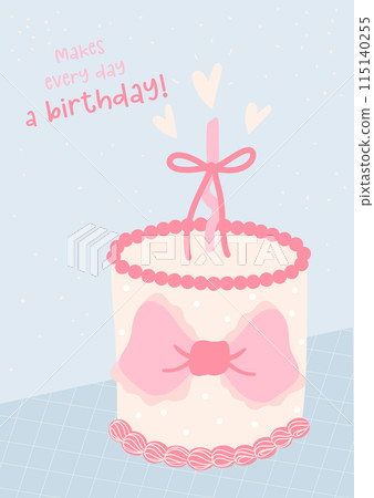 Retro Birthday Cake Illustration Groovy Coquette Design with Pink Bows, Happy birthday card idea. Retro Birthday Cake Illustration Groovy Coquette Design with Pink Bows, Happy birthday card idea. 115140255