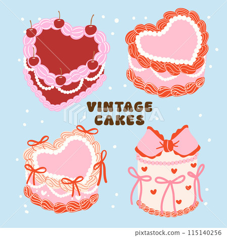 Retro coquette cake with vibrant pastel colors, 70s 80s Inspired Flat Design with Bows and Ribbons. Retro coquette cake with vibrant pastel colors, 70s 80s Inspired Flat Design with Bows and Ribbons. 115140256