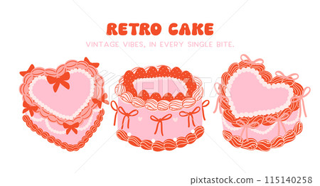 set of Retro Cake Groovy Coquette Design with Ribbon bow banner 115140258