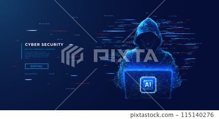 Abstract digital anonymous hacker with light blue laptop and AI chip 115140276