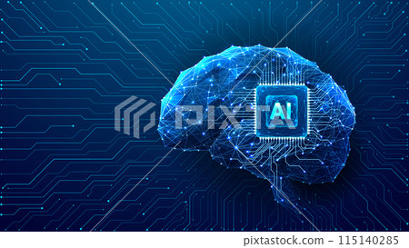 AI chip integral into abstract technology brain on blue background.  115140285
