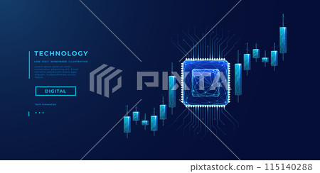 Trade AI concept. AI chip, abstract digital stock market candlesticks 115140288