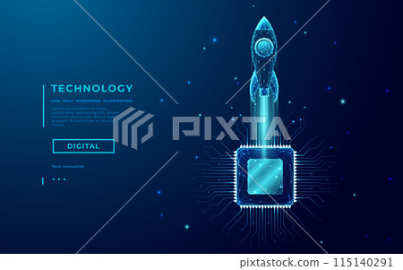 Abstract rocket, light CPU processor on technology blue background.  115140291