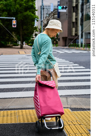 一位推著購物車行走的老婦人 115140311