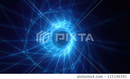 Abstract bright blue glowing background with a tunnel of lines and stripes of energy of burning rays of plasma and electricity with light Abstract bright blue glowing background with a tunnel of lines and stripes of energy of burning rays of plasma and electricity with light 115140391